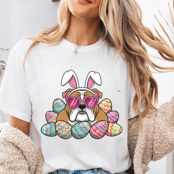 Other - Easter Bulldog Shirt, Cute Dog Bunny Ears Heart Sunglasses Tee, Funny